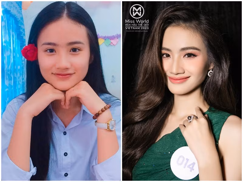 Nhan sắc đời thường cách đây 5 năm và sau khi trang điểm ở cuộc thi Miss World Vietnam 2023 của Huỳnh Trần Ý Nhi. Ảnh: FBNV.