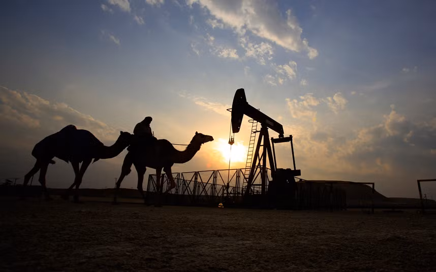 Người đàn ông cưỡi lạc đà đi qua một khu khai thác dầu mỏ trên sa mạc ở Sakhir, Bahrain.