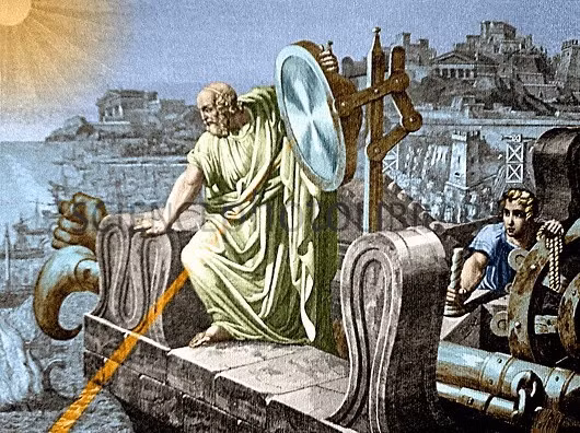 Cơ chế hoạt động của vũ khí tia nhiệt do Archimedes sáng chế hoàn toàn giống hành động sử dụng kính lúp để đốt cháy giấy dưới ánh nắng.