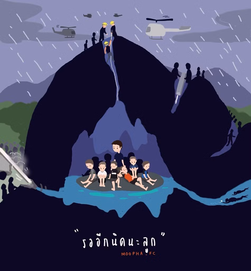 Tranh minh họa đội cứu hộ tìm nhiều phương án tiếp cận 12 cầu thủ trẻ và huấn luyện viên của đội bóng đá Lợn Hoang. Những người mất tích được cho là đang mắc kẹt tại khu vực mang tên “Bãi biển Pattaya”, thuộc hệ thống hang động Tham Luang Nang Non, tỉnh Chiang Rai, Thái Lan. Ảnh: Namwoon Chitchanok/Twitter.