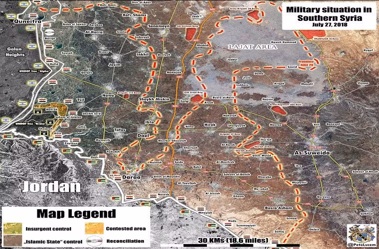 Bản đồ tình hình chiến sự ở miền Nam Syria ngày 27/7/2018. Ảnh: AMN.