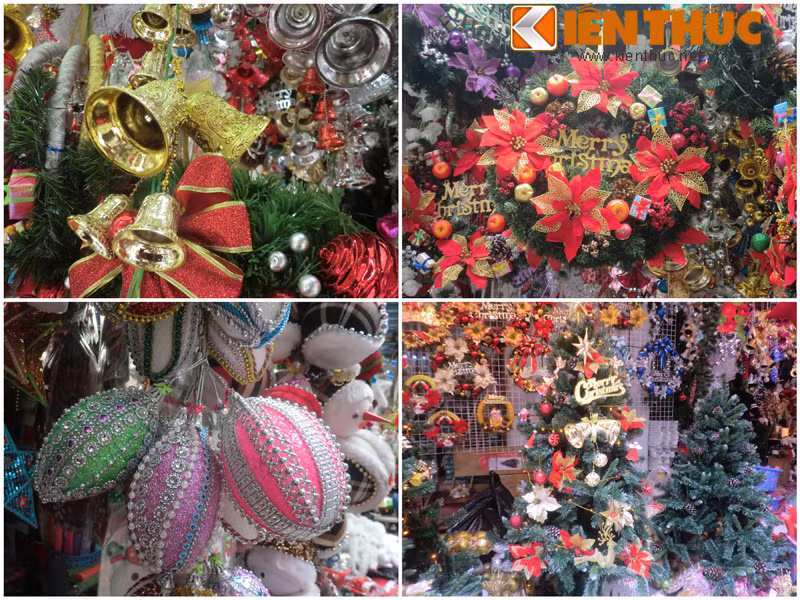 Cây thông Noel bằng nhựa có giá từ 300.000 - 500.000 đồng tùy kích thước. Các mặt hàng như chuông, vòng treo, lá đỏ có giá "mềm" hơn, từ 10.000 - 80.000 đồng/đồ.