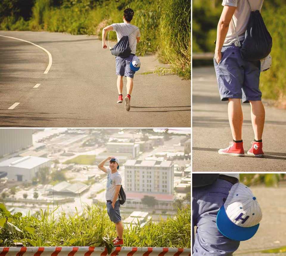 Khác với hai hot boy Phan Việt Vương và Đặng Văn Đồng, chàng trai Nguyễn Hoàng, SV trường ĐH Kiến trúc Đà Nẵng lại tự tạo cho mình một phong cách gọn gàng, thoải mái khi đi ra đường. Đó là quần lửng, áo thun, mũ lưỡi trai, balo du lịch.