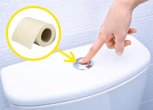 Nút xả bồn cầu trong nhà vệ sinh công cộng chắc chắn chứa nhiều vi khuẩn. Vì thế, để tránh "câu kéo" vi khuẩn lên tay, bạn có thể quấn giấy vệ sinh lên ngón tay và bấm nút. Sau đó, hãy bỏ giấy vào thùng rác.