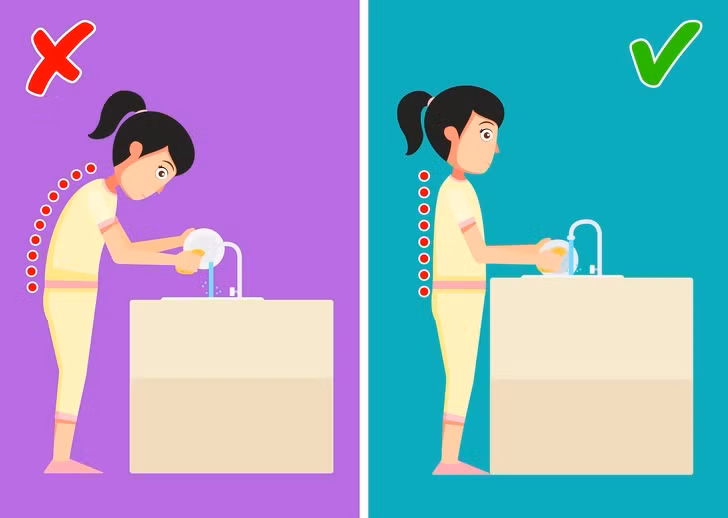 Làm việc nhà cũng ảnh hưởng không nhỏ tới cột sống của bạn. Bạn cần chú ý tới chiều cao của bồn rửa, bàn ăn, bàn ủi đồ xem có phù hợp với vóc dáng của mình không.