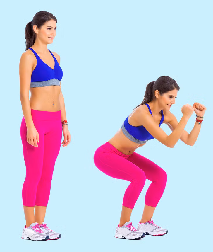 Squats: Động tác squats là bài tập giúp tăng kích cỡ vòng ba. Tuy nhiên, động tác này còn tác động lớn đến vùng cơ bụng. Thực hiện động tác squats 20 - 30 lần.
