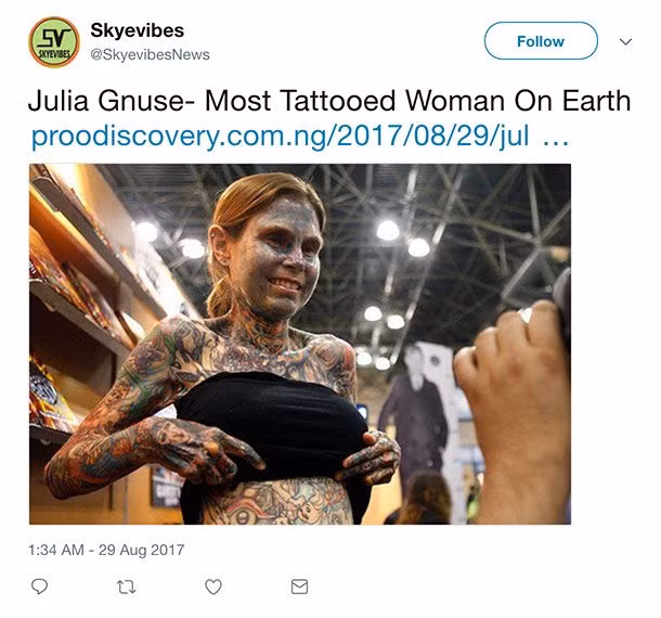 Julia Gnuse có hình xăm trên 95% cơ thể của cô. Cô cũng là người giữ kỷ lục Guinness là một trong những phụ nữ xăm mình nhiều nhất.