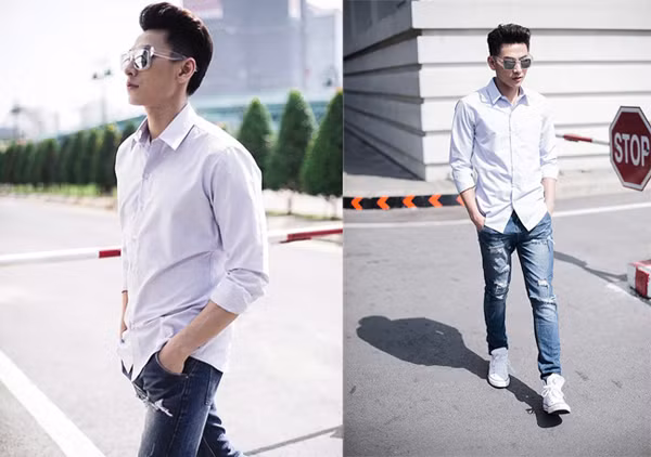 Nam ca sĩ trông bảnh bao trong áo sơ mi trắng và quần jeans rách.