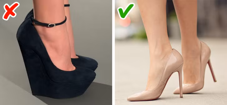 Giày đế xuồng cao: Nhiều cô gái rất thích đi giày cao gót, nhưng vì sợ những đôi đế nhỏ nên lựa chọn đế xuồng to bản, rất dày. Điều này khiến bạn trông nặng nề, mệt mỏi và thiếu đi sự sang chảnh.