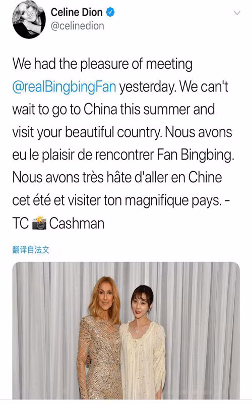 Bức ảnh được siêu sao Ciline Dion đưa lên mạng xã hội khiến nhiều người tỏ ra thất vọng trước cách ăn mặc của Phạm Băng Băng.