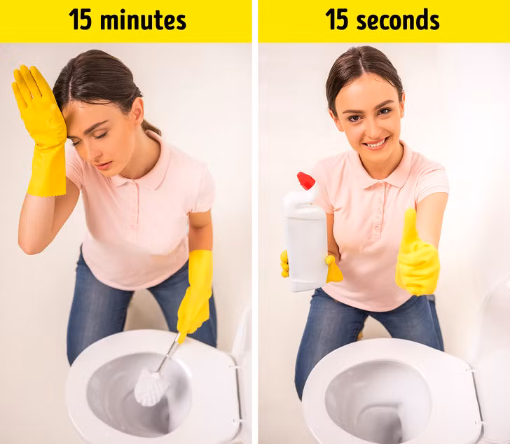 Để tiết kiệm thời gian, hãy đổ chất tẩy rửa lên bề mặt bồn cầu trước khi cọ rửa.
