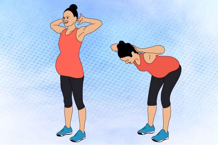 Gập người: Hai chân rộng ngang vai và hai bàn tay đặt đằng sau đầu. Hít vào và mở khuỷu tay ra ngoài để nâng ngực lên. Sau đó, thở ra và nhẹ nhàng cúi người. Trở về vị trí bắt đầu. Thực hiện 12-15 lần liên tiếp.