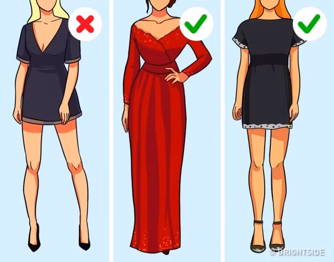 Khi chọn một chiếc váy đẹp, bạn nên lấy chiếc hở vai hoặc hở cặp đùi bên dưới. Không nên chọn chiếc váy mà hở cả trên lẫn dưới bởi nó sẽ khiến ban trông thô thiển.