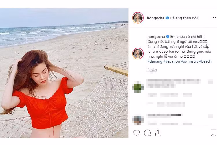 Trước nghi vấn bầu bí, Hà Hồ lên tiếng phủ nhận. Cụ thể, cô đăng bức ảnh mặc trang phục áo tắm khoe vòng eo thon gọn đồng thời viết "Em chưa có chi hết. Đừng nghi ngờ tội em. Em chỉ đang vừa nghỉ vừa hát và sắp ra lò một số bài rồi. Đừng giục nữa nha".