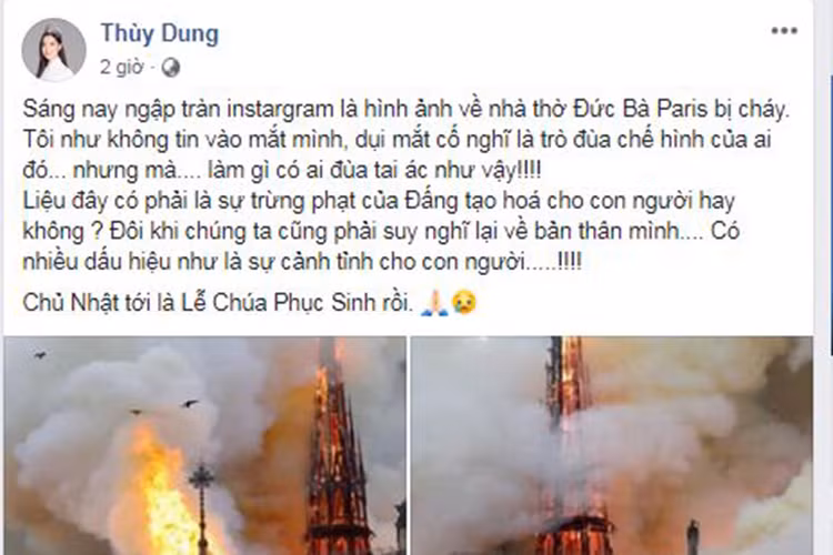 Hoa hậu Thùy Dung không tin vào sự thật Nhà thờ Đức bà Paris bị cháy.