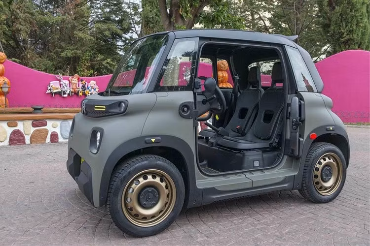 Một điểm nhấn đáng chú ý nữa của mẫu ô tô điện nhỏ xinh này chính là màu sơn ngoại thất xanh Khaki. Trong khi đó, hốc bánh, cản trước/sau và khu vực bên dưới cửa đều có nẹp bằng nhựa màu đen. Bộ vành sơn màu đồng khá nổi bật trên nền sơn màu xanh trầm.