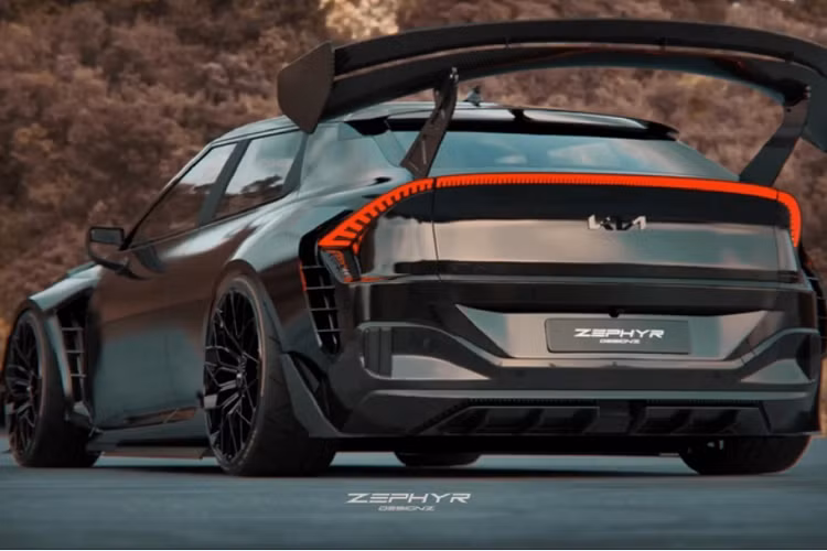 Ở phía trước, Kia EV6 GT độ khủng này có thêm các vây kép ở cản lấy cảm hứng từ những chiếc xe đua DTM, đi kèm bộ chia gió sợi carbon và nắp ca-pô tích hợp khe gió tạo sự hầm hố, hiếu chiến.