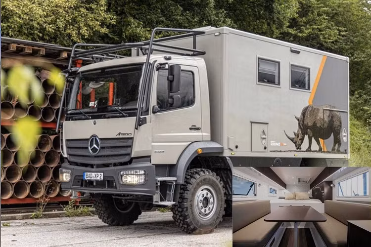  Mercedes-Benz Project Rhino độ motorhome là một sản phẩm của Krug Expedition, nó được xây dựng dựa trên chiếc xe tải Mercedes-Benz Atego 1023 A S-cab. Phần đầu xe được lắp thêm khung bảo vệ nổi bật, đèn pha có lưới tránh bụi và đá.