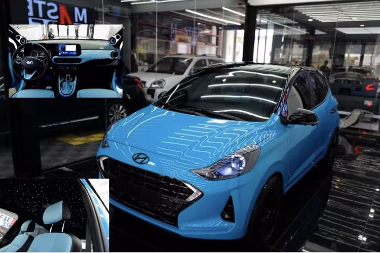 Để loại bỏ sự nhàm chán trên chiếc Hyundai Grand i10 giá rẻ, chủ xe đã yêu cầu sơn lại xe trong màu xanh dương Miami Blue (mã màu của Porsche) kết hợp với mui xe sơn đen để tăng vẻ thể thao.