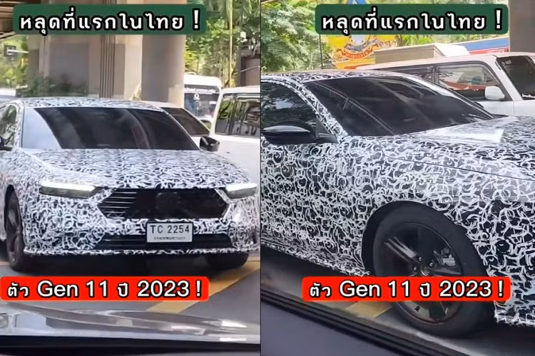 Bên dưới là cản trước mới, đi kèm hốc gió trung tâm hình thang khá rộng và 2 khe gió hình chữ "L". Tiếp đến là nắp ca-pô có thiết kế dài hơn và sườn xe mượt mà với đường gân dập nhẹ nhàng, kéo dài từ đèn pha đến đèn hậu. Chiếc Honda Accord 2023 chạy thử tại Thái Lan dùng bộ vành la-zăng có thiết kế 5 chấu và sơn màu đen.