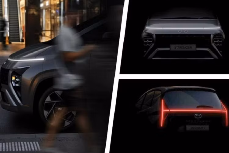 Hyundai vừa tung ra một số hình ảnh teaser của Stargazer mới, cho thấy chiếc minivan sẽ sở hữu một thanh đèn LED toàn dải rất giống với Staria, đèn pha LED chia đôi và lưới tản nhiệt bao phủ gần hết cản trước. Ở phía sau, Hyundai Stargazer 2023 mới gợi nhớ đến mẫu Bayon, chúng được kết nối với nhau một thanh đèn LED mảnh mai nằm dưới kính chắn gió phía sau. Trên cửa hậu có sự xuất hiện của tên xe "Stargazer".