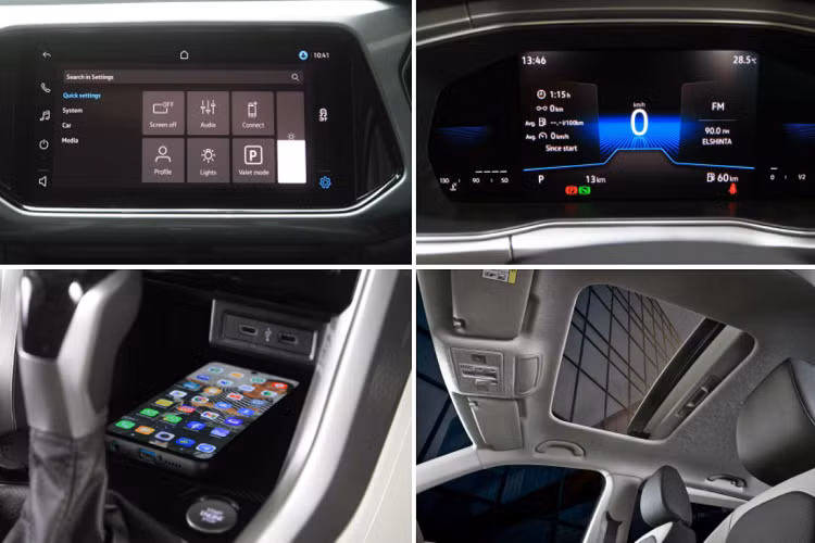 Bên trong khoang nội thất, Volkswagen T-Cross tại thị trường này được trang bị bảng đồng hồ kỹ thuật số 8 inch sau vô lăng, màn hình giải trí 10 inch có kết nối Apple CarPlay/Android Auto, cửa sổ trời chỉnh điện, làm mát ghế trước, điều hòa tự động, đèn viền trang trí nội thất, sạc điện thoại không dây,…
