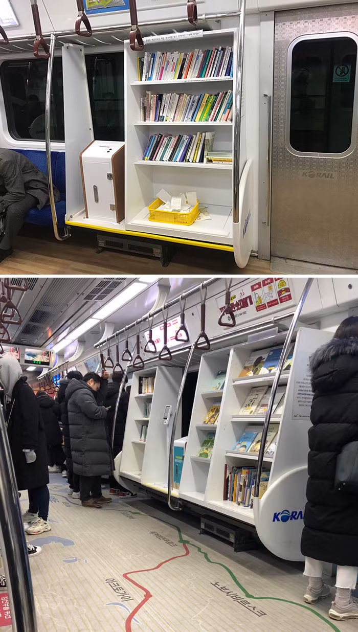 Tàu điện ngầm này ở Seoul có một thư viện mini.