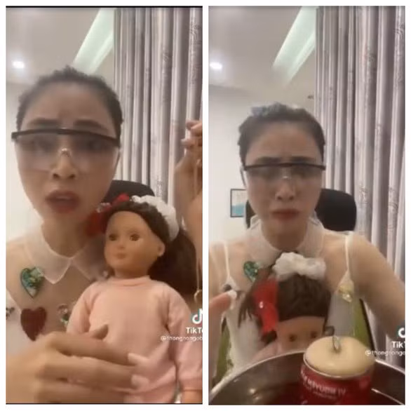 Ở đoạn cuối clip, cô còn khiến người xem cảm thấy rùng rợn khi khui nước ngọt để cho “con gái” uống, và khẳng định “bé uống quá trời”.
