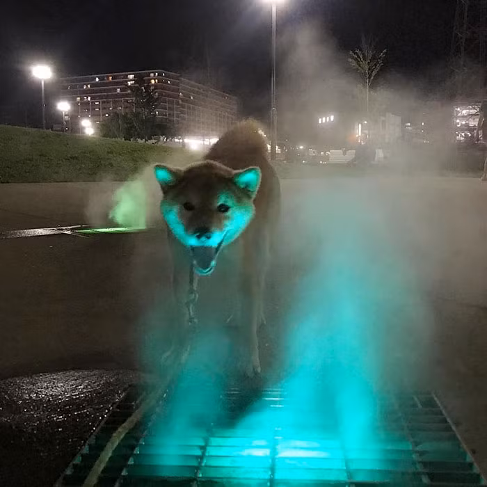 Cũng nhờ một chiếc đèn màu hắt sáng, chú chó Shiba này dọa chủ nhân sợ đến ngỡ ngàng.