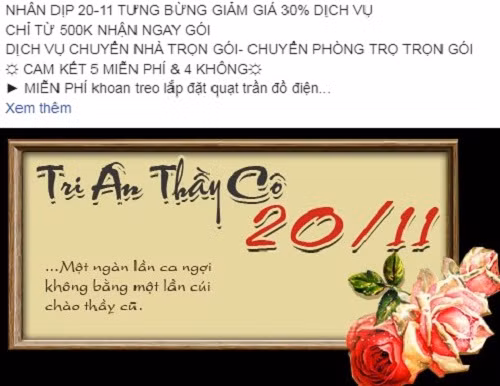 Thậm chí, dịch vụ chuyển nhà trọn gói cũng tưng bừng giảm giá 30% trong ngày 20/11. Ảnh: Facebook.