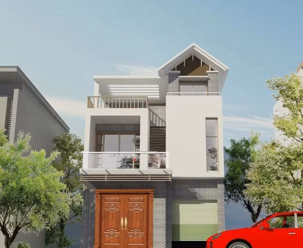Nhà phố 3 tầng 8x10m kết hợp giữa kiến trúc mái thái và kiến trúc mái bằng. Ảnh: Thietkethicongnhadep.