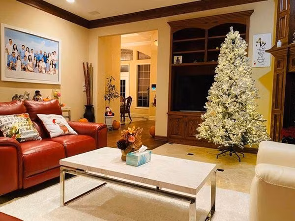 Phòng khách ấm cúng với nội thất gỗ, sofa da.