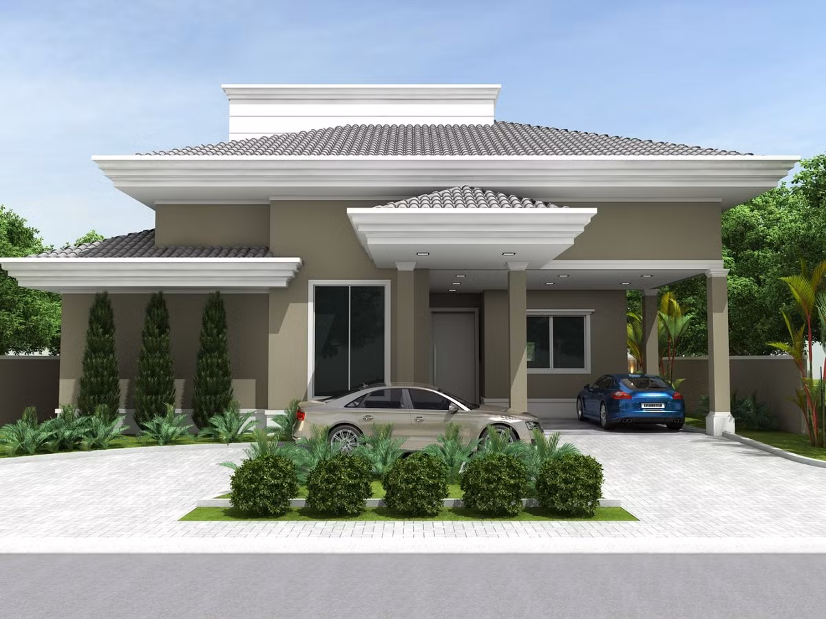 Màu sắc trung tính cộng với kiến trúc mái thái thiết kế giật cấp phô diễn toàn bộ đường nét khỏe khoắn của ngôi nhà. Ảnh: Wedo.