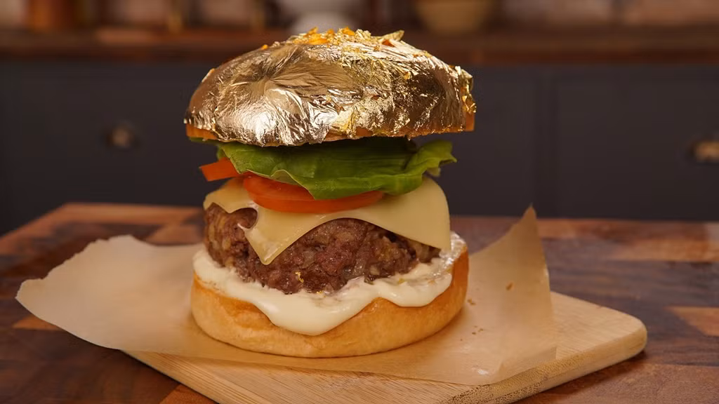 Với giá 666 USD (khoảng 16 triệu đồng), đây thực sự là chiếc hamburger "đại gia". Nó được làm từ thịt bò Kobe đắt nức tiếng, pho mát Gruyère của Thụy Sĩ, muối mỏ lấy từ trên núi Himalaya, pa tê gan ngỗng, tôm hùm và nấm truffle. Ảnh: CNN.
