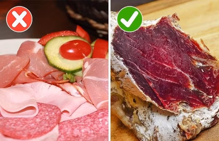 5. Thịt đã chế biến Các nghiên cứu của Mỹ đã xác nhận rằng ngay cả các sản phẩm thịt đắt tiền nhất cũng có chứa nitrat và nitrit có thể gây ung thư. 1kg xúc xích chứa nhiều hơn 400% muối và 50% chất béo so với một miếng thịt bò có khối lượng tương tự. Ăn quá nhiều muối và chất béo sẽ gây hại cho sức khỏe của bạn. Tốt nhất bạn nên mua thịt sống chưa chế biến và nấu chín cẩn thận. 