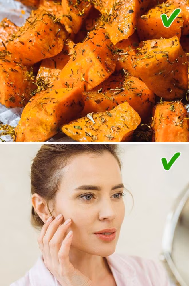 Khoai lang: Retinol và beta-carotene trong khoai lang hoạt động như một hàng rào bảo vệ ngăn ngừa tình trạng đổi màu da, viêm nhiễm và tắc nghẽn lỗ chân lông do các gốc tự do gây ra. Retinol là thành phần chính trong các sản phẩm làm đẹp giúp chống lại tăng sắc tố da, mụn trứng cá và nếp nhăn hay sẹo.