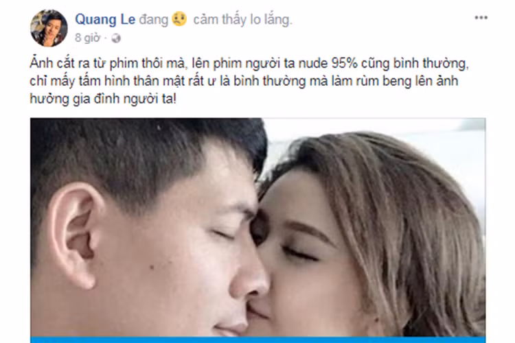 Không chỉ Minh Luân, Quang Lê cũng vừa lên tiếng bênh vực Bình Minh và Trương Quỳnh Anh. Quang Lê viết: “Ảnh cắt ra từ phim thôi mà, chỉ mấy tấm hình thân mật rất ư là bình thường mà làm rùm beng lên ảnh hưởng gia đình người ta!”. Ảnh: chụp màn hình