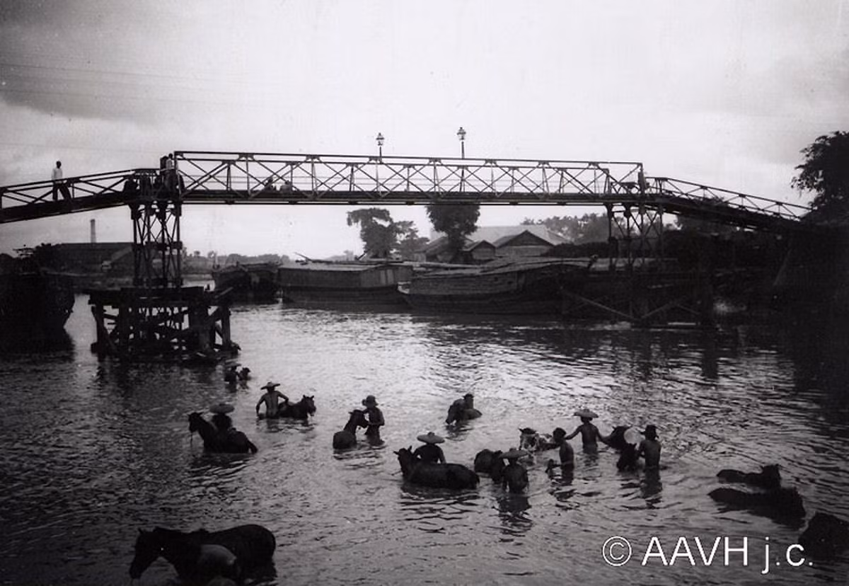 Tắm ngựa trên kinh Tàu Hủ cạnh cầu Xóm Chỉ, 1904. Ảnh: Aavh.org