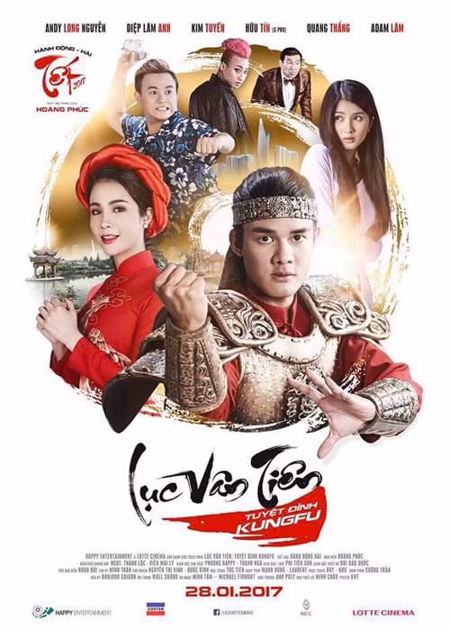 Một trong những tác phẩm điện ảnh ra mắt dịp Tết Nguyên Đán 2017 là tác phẩm hài - hành động “Lục Vân Tiên - Tuyệt đỉnh kung fu”. Phim có sự tham gia của dàn diễn viên: Andy Long, Diệp Lâm Anh, SƯT Thành Lộc, Kiều Mai Lý, Kim Tuyến…(Ảnh: Facebook Kim Tuyến)
