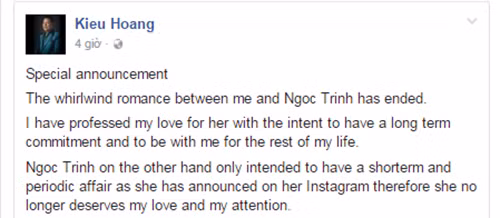 Ty phu Hoang Kieu chia tay Ngoc Trinh khong ly do gay soc