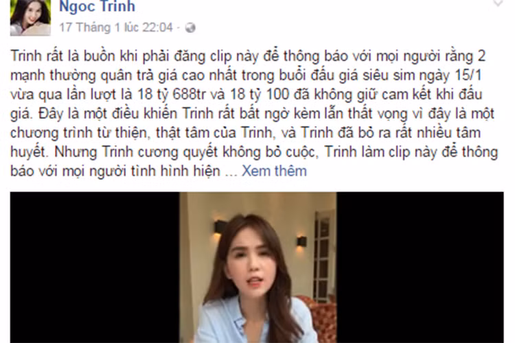 Trước đó, Ngọc Trinh buồn rầu chia sẻ “nữ đại gia” đeo mặt nạ đấu giá thành công chiếc SIM của cô hủy cam kết thanh toán. Khi liên hệ với người trả giá cao thứ 2, cô tiếp tục thất bại. Vì vậy, Ngọc Trinh quyết định tổ chức buổi đấu giá khác. (Ảnh: chụp màn hình)
