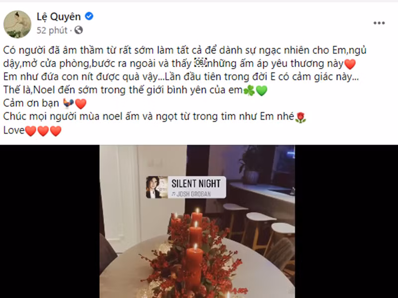 Mới đây, nữ ca sĩ còn khoe có người âm thầm làm tiệc Giáng sinh. Trong bài viết, cô sử dụng icon hình con gà khi cảm ơn người đặc biệt. Trùng hợp, tình tin đồn của Lệ Quyên sinh năm Dậu (1993).