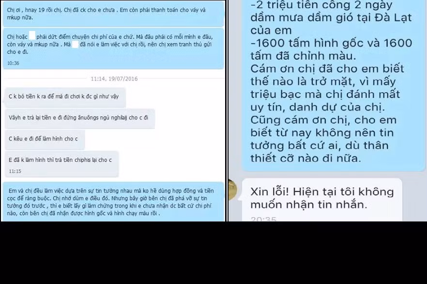 Ảnh chụp đoạn chat giữa Hồng Vy và chị H, cho thấy nhiều câu nói rất vô lý của vị khách từng rất thân thiết với Hồng Vy. Ảnh trong bài: Nhân vật cung cấp.