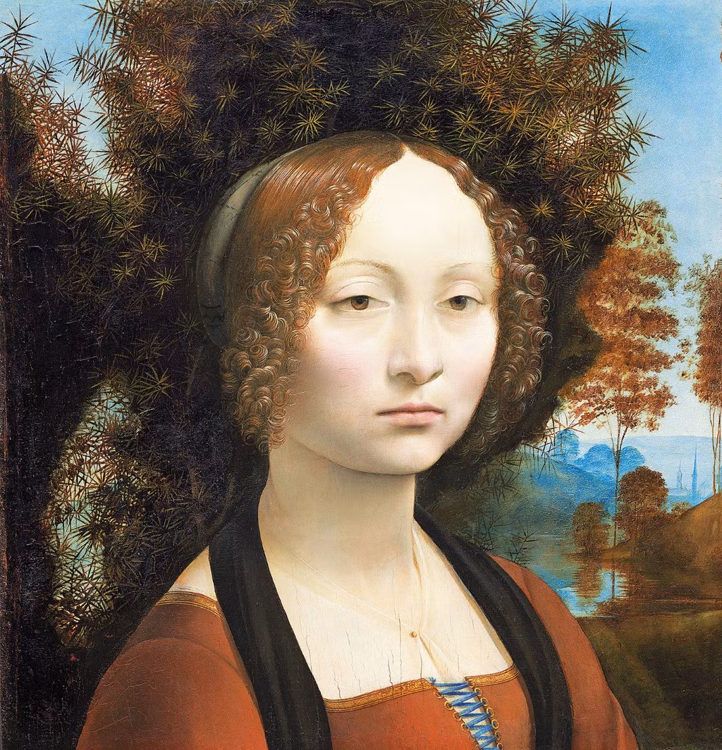 Chân dung Ginevra de’ Benci (khoảng 1478). Bức tranh vẽ một người phụ nữ trẻ u buồn, với gương mặt trăng rằm trên nền một cây tùng đang trổ bông. Thoạt nhìn có vẻ tranh vô vị, nhưng kỳ thực, bức Ginevra de’ Benci lại kết tinh nhiều thành quả nghệ thuật tuyệt vời của ông, như mái tóc quăn rực rỡ với những lọn nhỏ cuộn chặt cùng bố cục phi truyền thống, trong đó nhân vật chính chiếm tới ba phần tư khung hình. Bức tranh là tiên liệu sớm về kiệt tác Mona Lisa.