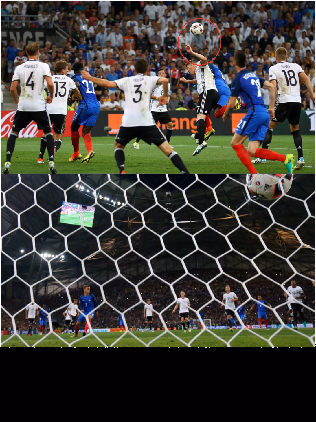 Phút 45, từ một pha phạt góc của ĐT Pháp, Schweinsteiger va chạm với Evra trong vòng cấm và đã để bóng chạm tay. Đội trưởng Đức phải nhận thẻ vàng và “giúp” đối thủ được hưởng một quả penalty. Trên chấm 11m, Griezmann đã bình tĩnh và quyết đoán để đánh lừa thủ thành Neuer. 1-0 cho ĐT Pháp. Hiệp một trận đấu cũng kết thúc ngay sau đó và khá đen đủi cho Die Mannschaft khi trong hiệp đấu này chính họ mới là những người chơi hay hơn, xứng đáng có bàn thắng hơn.