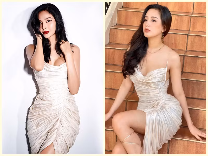 Mai Phương Thúy cũng chiếm ưu thế hơn khi mặc cùng chiếc váy hai dây, xẻ tà cao với Hoàng Thùy. Ảnh: Vietnamnet, FBNV