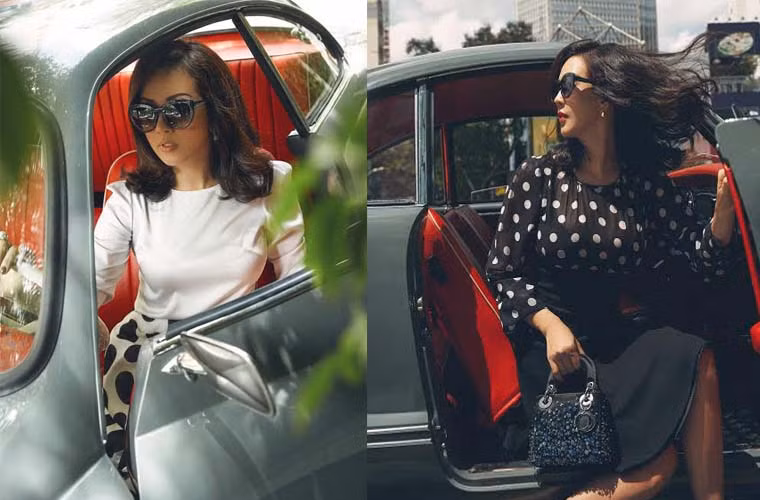 Với phong cách ăn mặc sành điệu thường thấy, Hoa hậu Thu Hoài trở nên vô cùng đặc biệt khi kết hợp những bộ váy họa tiết chấm bi đơn giản kết hợp với những chiếc túi xách sang trọng để tạo nên bộ ảnh cổ điển đầy ấn tượng.