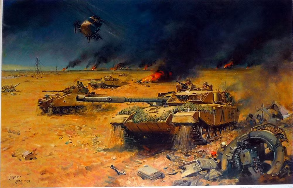 Lực lượng SAS của Anh là những người đầu tiên tiến vào Iraq, nhiều pháo phản lực bắn loạt M270 của Mỹ tấn công các vị trí của đóng quân của Quân đội Iraq, trong khi xe ủi đất thực hành "mở cửa", xé toạc khoảng trống trên các bức tường cát dọc biên giới giữa Ả Rập Xê-út và Kuwait để xe tăng của liên quân bước vào chiến đấu. Ảnh: Xe tăng của Liên quân tiến vào Kuwait - Nguồn: History