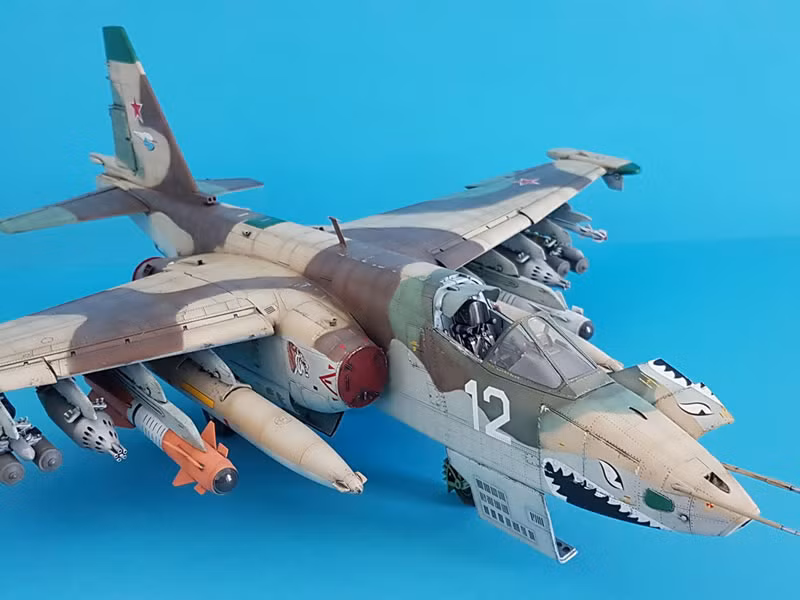 Vũ khí của Su-25 thường bao gồm bom 250 hoặc 500 kg không điều khiển, bom chùm và rocket. Tên lửa có nhiều dạng khác nhau, từ 57 mm, 80 mm, đến 130 mm; thậm chí đến 240 mm hoặc 330 mm. Su-25 cũng có một pháo Gsh-30-2 30 mm dưới mũi, với cơ số đạn 260 viên; mặc dù nó không có tốc độ bắn nhanh như GAU-8.