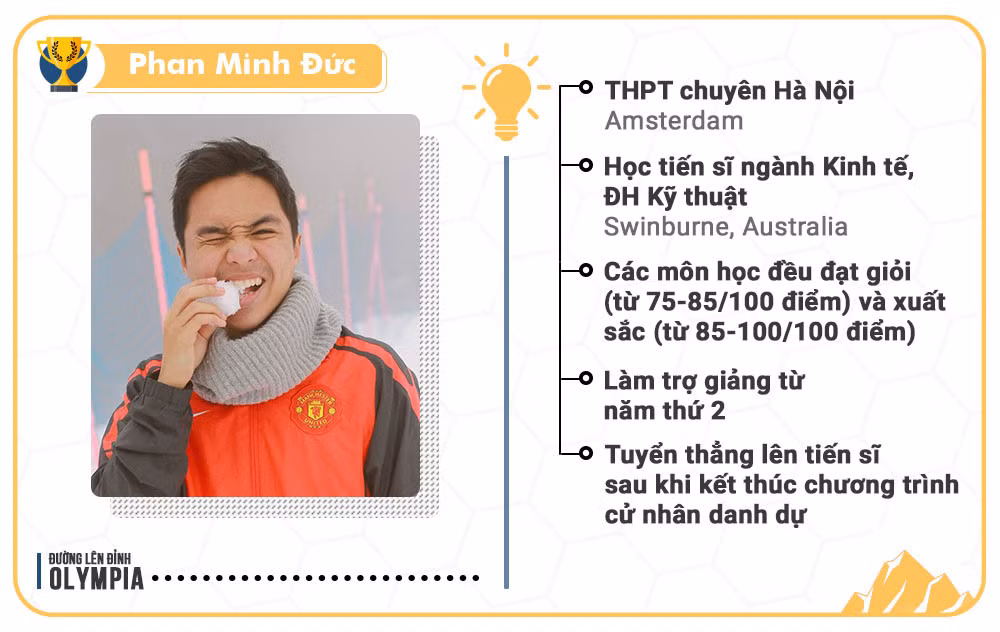 10. Phan Minh Đức là quán quân đầu tiên đến từ Hà Nội. Trong quá trình học Kinh doanh tại ĐH Kỹ thuật Swinburne (Australia), các môn học của Đức đều đạt giỏi (từ 75-85/100 điểm) và xuất sắc (từ 85-100/100 điểm). Từ năm thứ 2 đại học, anh làm trợ giảng và chuyển thẳng lên tiến sĩ sau khi kết thúc chương trình cử nhân danh dự.